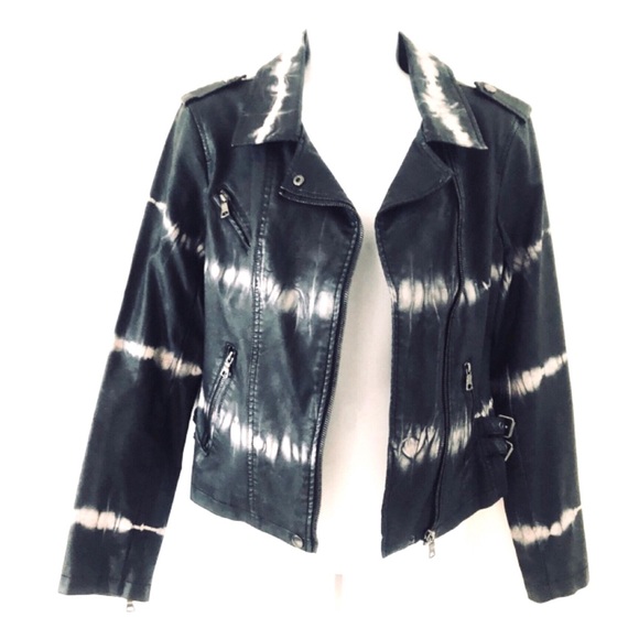Bar III Faux Leather Jacket Black & Gray Tie-Dye Pattern Zipped Pockets Size S - Picture 3 of 11